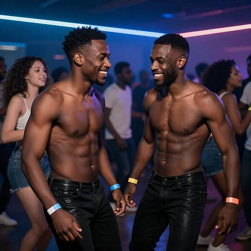 Shirtless Men Dancing at Neon Party