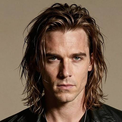 Photograph of a serious-looking man with messy, shoulder-length brown hair, blue eyes, fair skin, and a black shirt, set against a neutral