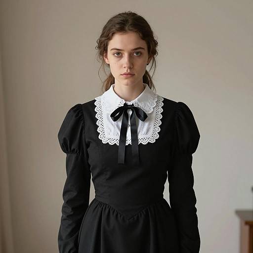 Woman in Victorian-style Black Dress with White Lace Collar