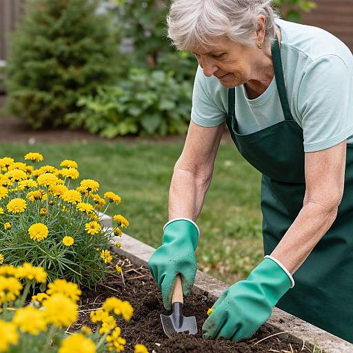 Photograph of an elderly white woman with short grey hair, wearing green gloves and apron, tending yellow marigolds in a garden.