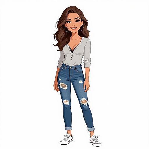 Digital illustration of a smiling woman with long brown hair, wearing a white button-up shirt, ripped blue jeans, and white sneakers.