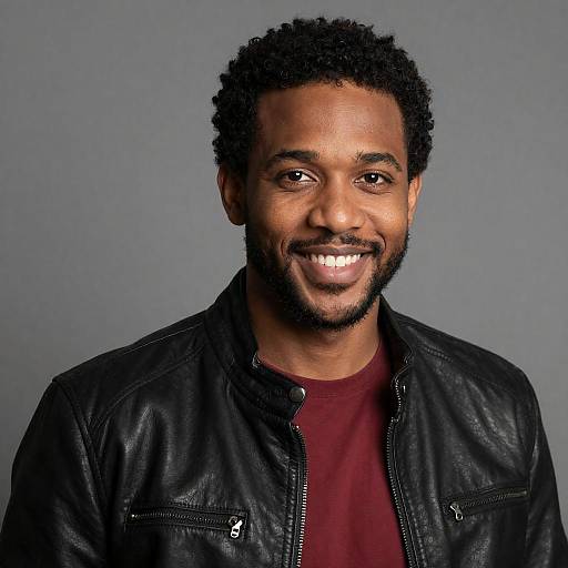 Smiling Man in Black Leather Jacket