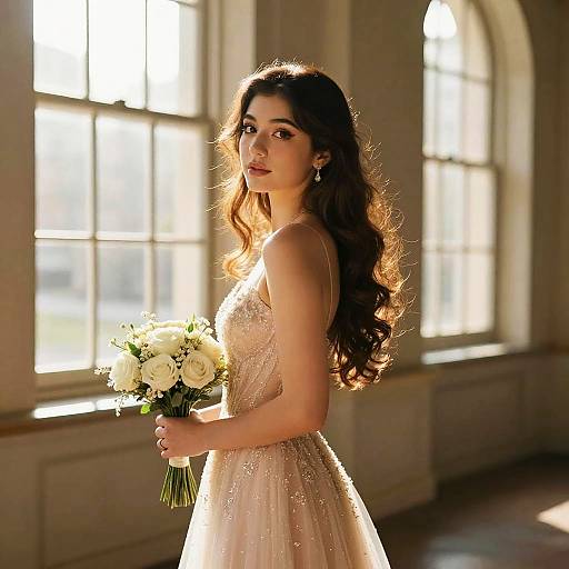 Photograph of a beautiful brunette woman with long, wavy hair in a sparkling, sleeveless wedding dress holding a bouquet of white flowers, standing in