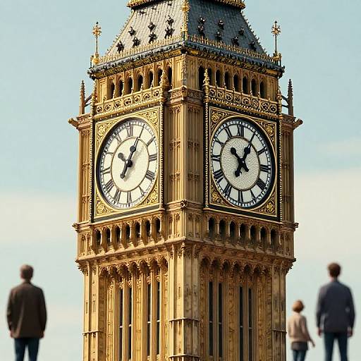 Photograph of the ornate Big Ben clock tower with two visible black and white clock faces, set against a clear blue sky. Blurred people stand
