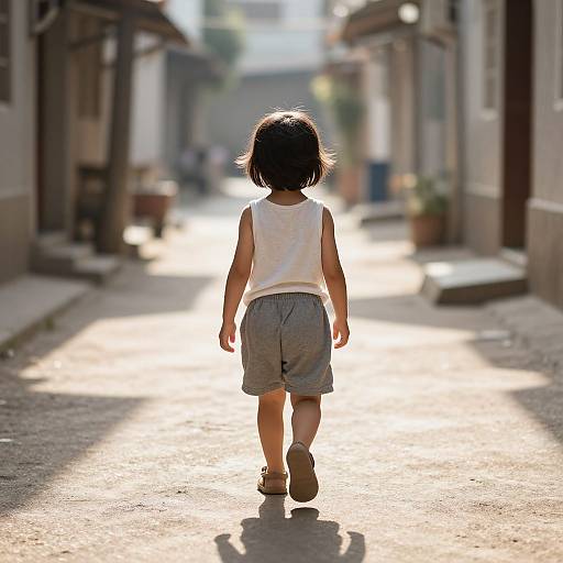 Photograph of a young child with short black hair, wearing a white sleeveless shirt and gray shorts, walking down a sunlit, narrow, blurred