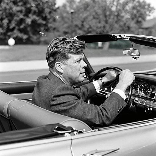 Black-and-white photograph of a man in a suit driving a convertible, focused on the road, with a small bird flying nearby.