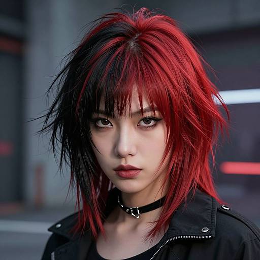 Photorealistic digital portrait of an Asian woman with vivid red-black hair, intense gaze, black choker, and black jacket, set against a blurred