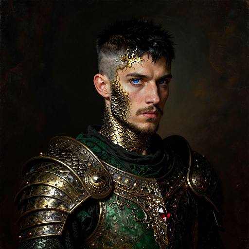 Photograph of a handsome, blue-eyed man in ornate, gold-embellished medieval armor with intricate designs, against a dark, moody