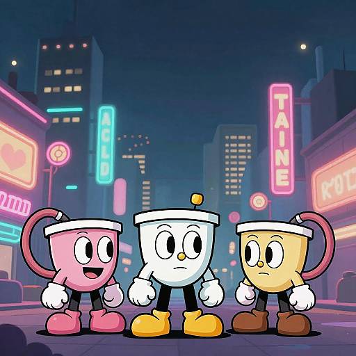 Cartoon image of three anthropomorphic cups standing in a neon-lit city street at night, with colorful signs and skyscrapers.