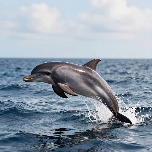 Photograph of a sleek, gray dolphin leaping out of dark blue ocean waves, with sunlight reflecting off its wet skin, against a bright, clear