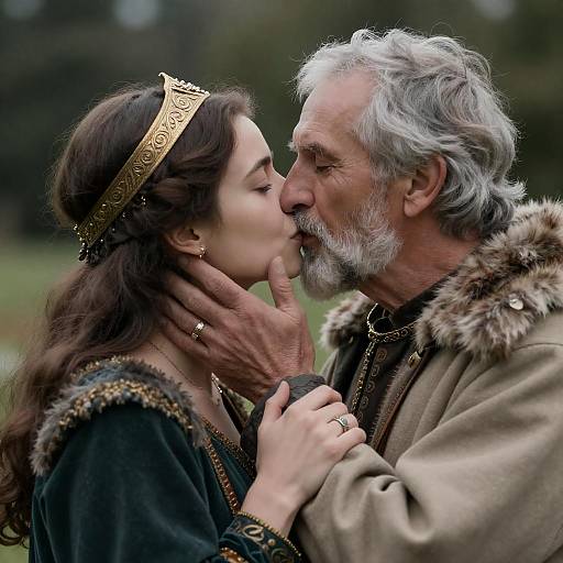 Tender Medieval Kiss: Elderly Bearded Couple