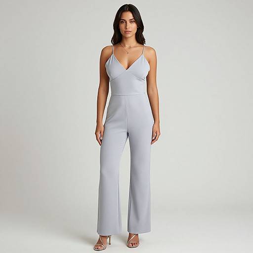 Photograph of a woman with medium brown skin and black wavy hair, wearing a light blue, V-neck, spaghetti strap jumpsuit and white sandals