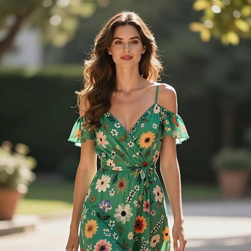 Woman in Green Floral Off-Shoulder Dress Outdoors