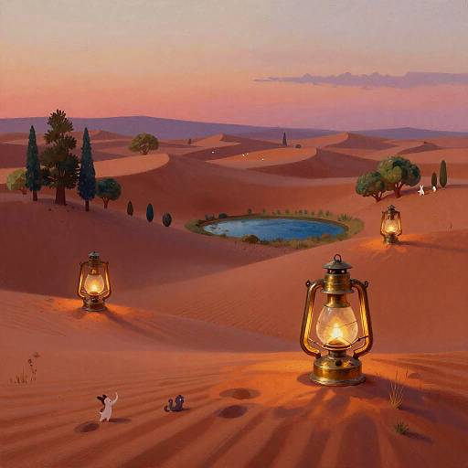 Digital painting of a desert sunset with three glowing lanterns, small animals, sparse trees, and a pond under a pink-orange sky.