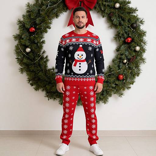 Photograph of a man with dark hair and beard, wearing festive red and black snowman-patterned pajamas, standing before a large Christmas wreath