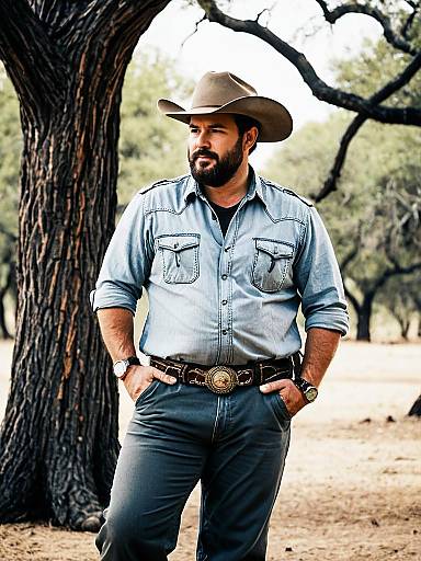 Photograph of a bearded man in a cowboy hat, blue shirt, and dark pants, standing against a tree in a sunlit, wooded area