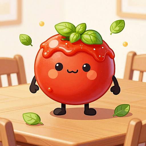 Digital illustration of a cute, red, tomato-shaped character with black arms and legs, green leaves on top, and a happy expression, floating above a