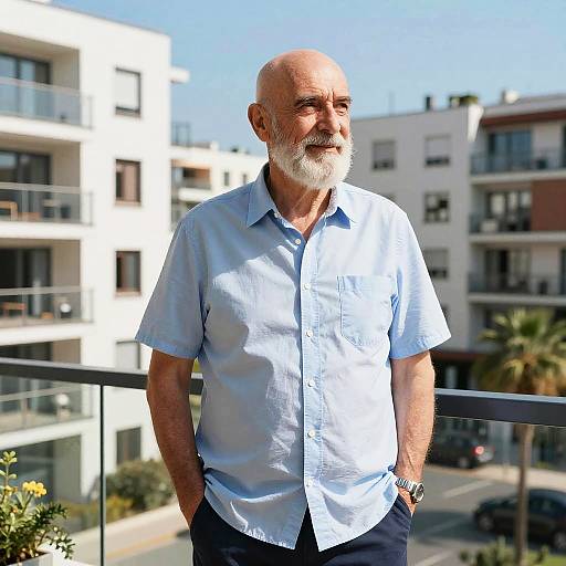 Photograph of an elderly white man with a bald head and white beard, wearing a light blue short-sleeve shirt, standing on a sunny balcony