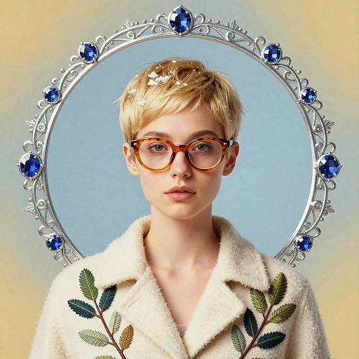 Photograph of a blonde boy with tortoiseshell glasses, wearing a white wool coat with green leaf embroidery, framed by an ornate silver circle