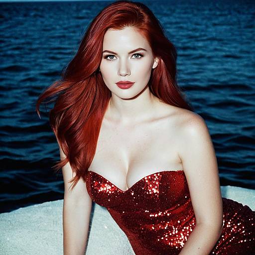 Red-haired woman in sparkly strapless dress by water