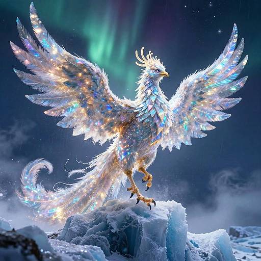 Digital fantasy art of a radiant, glowing phoenix with iridescent feathers, large wings, and a long tail, perched on a glittering ice