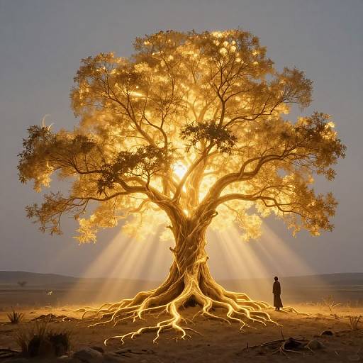 Photograph of a glowing, sunlit tree with radiant golden light, large exposed roots, and a small silhouette of a person standing to the right.