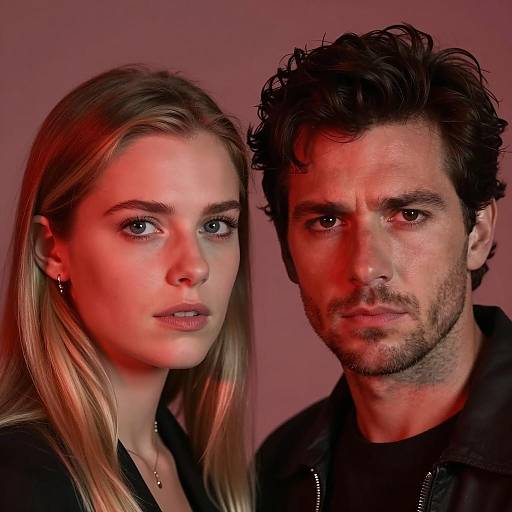 Close-up of Blonde Woman and Dark-Haired Man with Intense Expressions