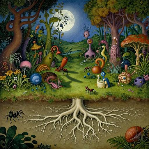 Fantastical surrealist landscape: vibrant, whimsical creatures with colorful, abstract shapes and large eyes; moonlit night; detailed tree roots; lush