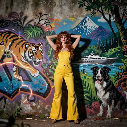 Photograph of a red-haired woman in a yellow jumpsuit, hands behind head, standing between graffiti of a tiger, dog, and mountain, with