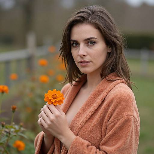 Photograph of a fair-skinned woman with brown hair, wearing an orange, textured robe, holding an orange flower, against a blurred garden background.