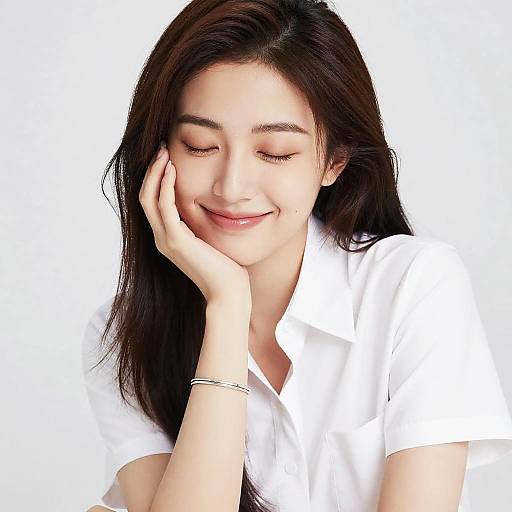 Photograph of a smiling Asian woman with long dark hair, closed eyes, and white shirt, resting her cheek on her hand against a white background.