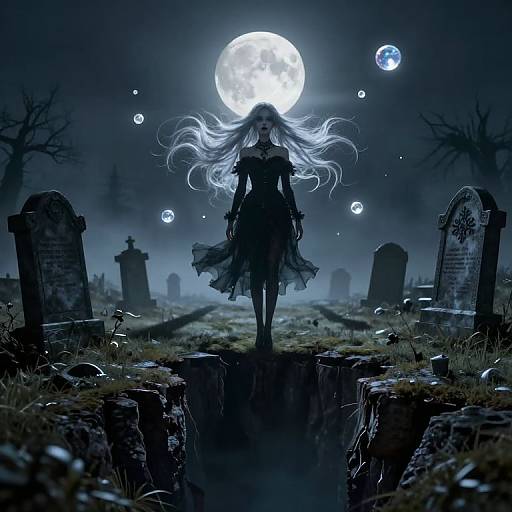 Dark, eerie digital artwork: Silhouetted ghost girl with long, flowing hair stands in moonlit graveyard, surrounded by glowing orbs and gravest