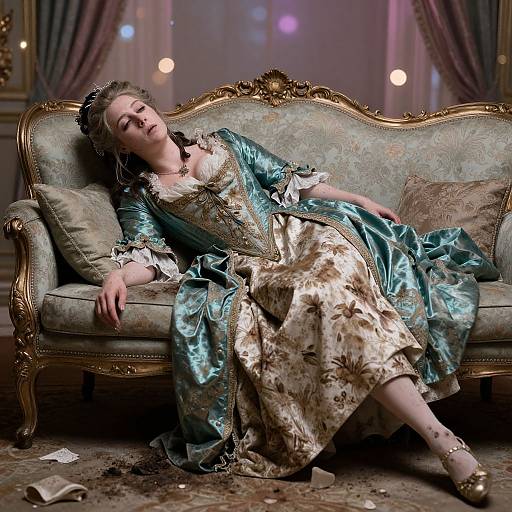 Photograph of a disheveled woman in a teal and gold, baroque-style dress, slumped on an ornate sofa, with a sad