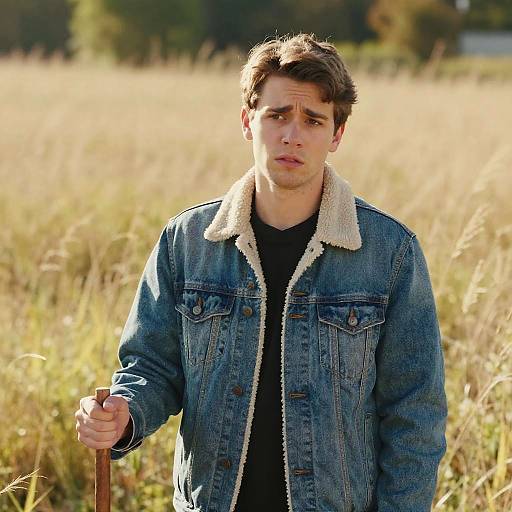Photograph of a young white man with short brown hair, wearing a denim jacket with a sheepskin collar, black shirt, and holding a wooden walking