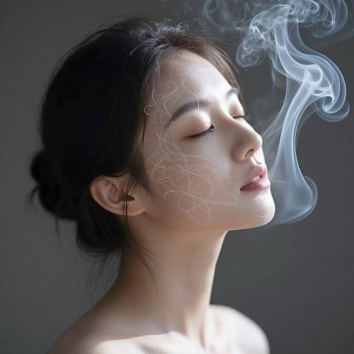 Photograph of an Asian woman with closed eyes, dark hair in a bun, emitting wispy blue smoke from her forehead against a dark background.