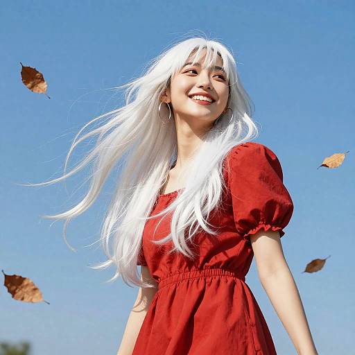 Joyful Woman in Red Dress Outdoors