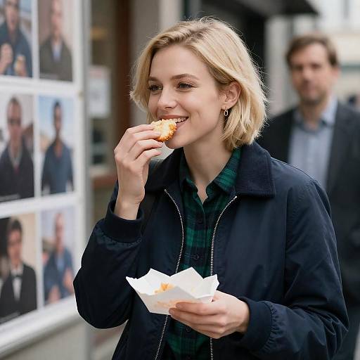 Blonde Woman Enjoying Snack in Urban Scene