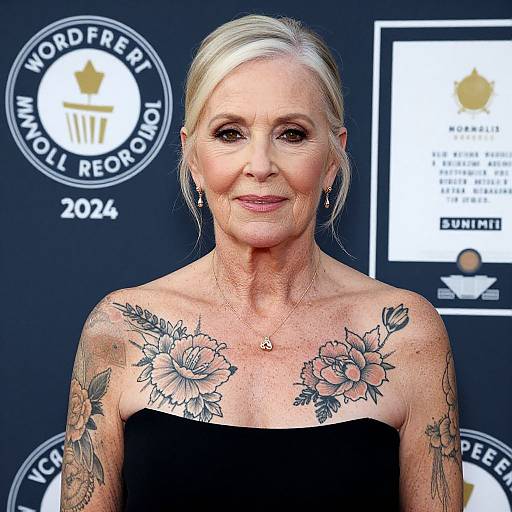 Photograph of an older, blonde woman with floral tattoos on her shoulders, wearing a black strapless dress, at the 2024 Toronto Women's