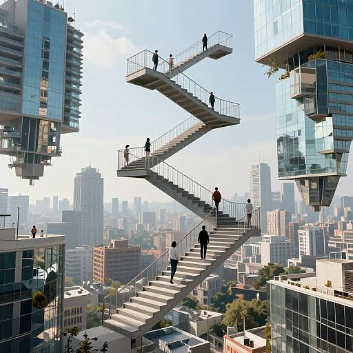 Photorealistic digital illustration of a modern cityscape featuring a large, diagonal, suspended staircase connecting glass skyscrapers, with silhouetted people