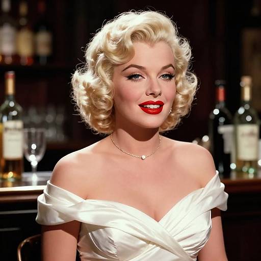 Photograph of a blonde, fair-skinned woman with curled hair, red lipstick, and off-shoulder white dress, standing in a dimly