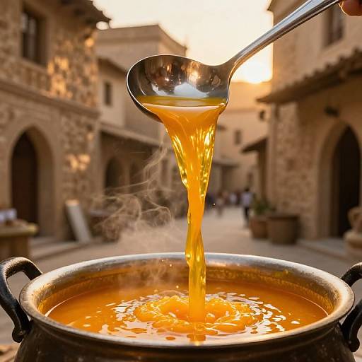 Photograph of golden honey pouring from a spoon into a metallic pot in a sunlit, stone-walled courtyard. Steam rises from the honey, creating