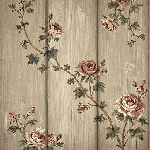Vintage-style floral wallpaper featuring delicate pink roses and green leaves on a weathered wooden panel background. Digital art.
