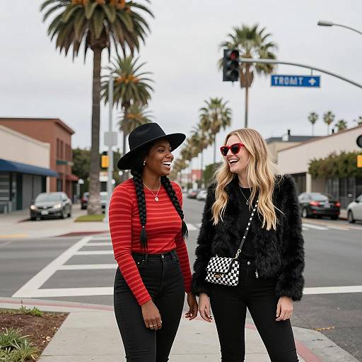 Playful Women Laughing on Urban Street