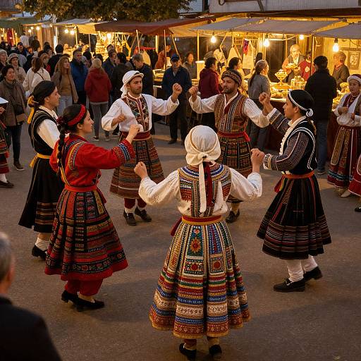 Photograph of traditional folk dancers in colorful, embroidered dresses and headscarves performing in a lively evening market with warm, glowing lights.
