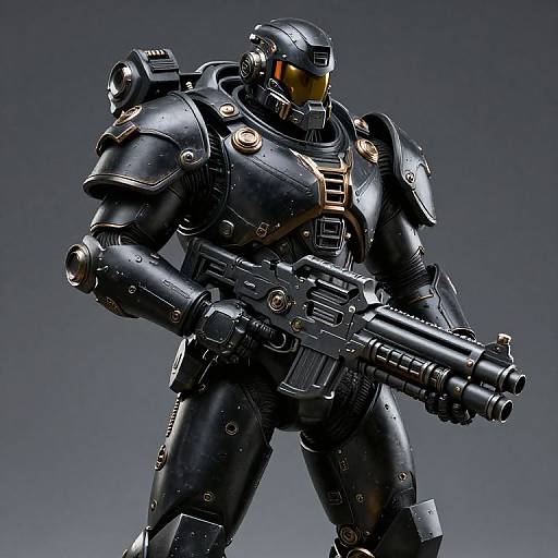 Photorealistic CGI of a futuristic black armored warrior with yellow visor, holding a large, detailed gun, set against a gradient gray background.