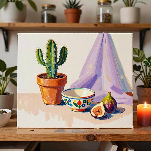 Bohemian Still Life Painting with Cactus and Figs