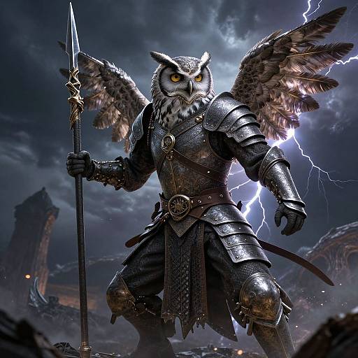 Digital art of a muscular, armored owl warrior with glowing yellow eyes, feathered wings, and a lightning bolt background, holding a spear. Stormy
