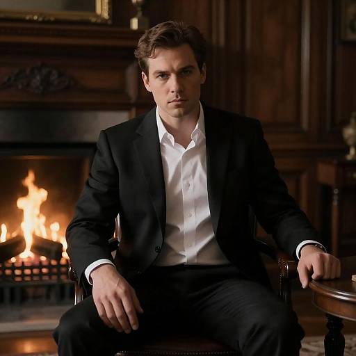 Man in Black Suit by Fireplace
