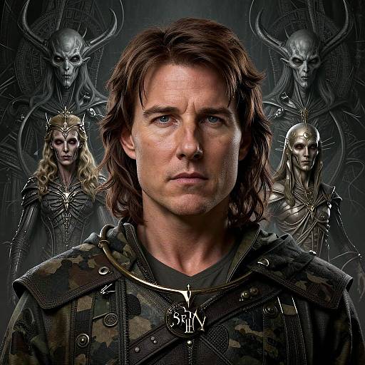 Digital artwork of a serious, blue-eyed man with brown hair in camo armor, surrounded by four eerie, skeletal, horned figures. Dark,