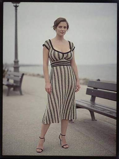 Photograph of a young woman with fair skin, brown hair in a bun, wearing a black and white patterned dress and black heels, standing on